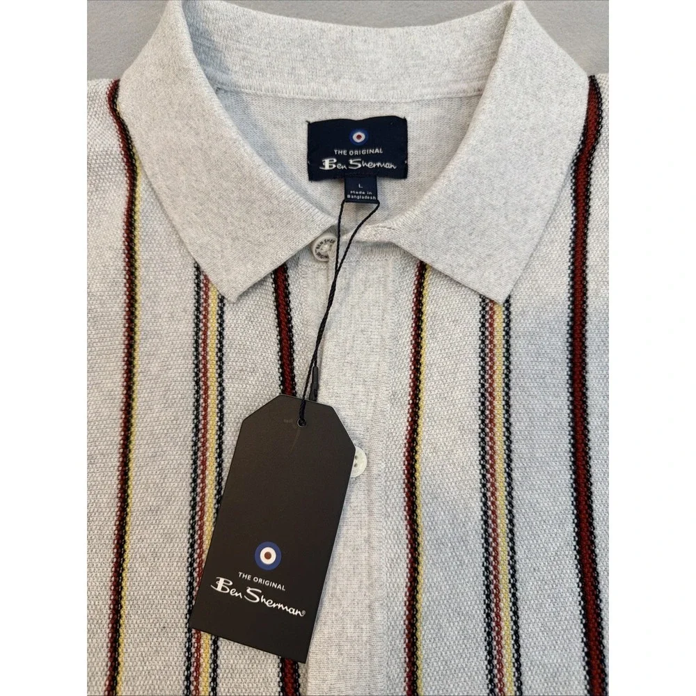 Ben Sherman Shirt Polo Men's Knit Crew Striped Preppy Vintage Button Ivory Sz L